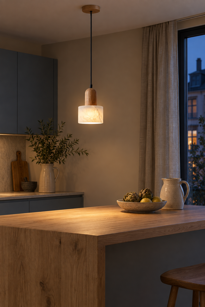 LED-Pendelleuchte aus weißem Marmor im Wabi-Sabi-Stil für Kücheninsel, Schlafzimmer und Gastronomie – Raumansicht