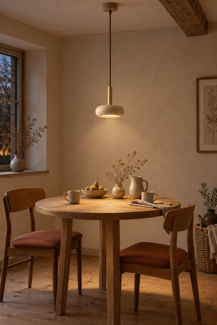 Runde Travertin-Pendelleuchte im Wabi-Sabi-Stil für Nachttisch und Schlafzimmer – Raumansicht