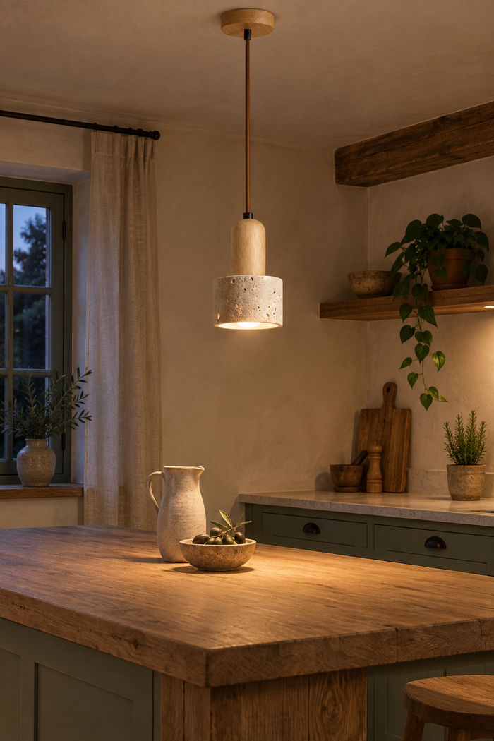 Travertin-Pendelleuchte in Naturholz oder Nussbaum für Esstisch und Schlafzimmer – Raumansicht