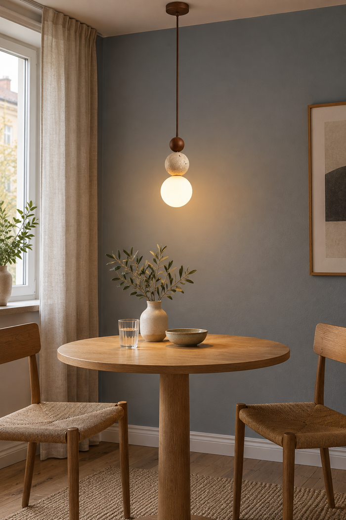 Pendelleuchte aus Travertin und Holz in hängender Bauform für das Schlafzimmer – Raumansicht