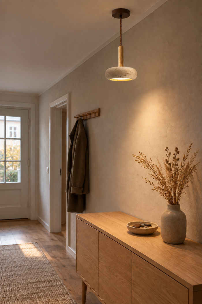 Kleine runde Pendelleuchte aus gelbem Travertin und Holz im Wabi-Sabi-Stil für Nachttisch und Flur – Raumansicht