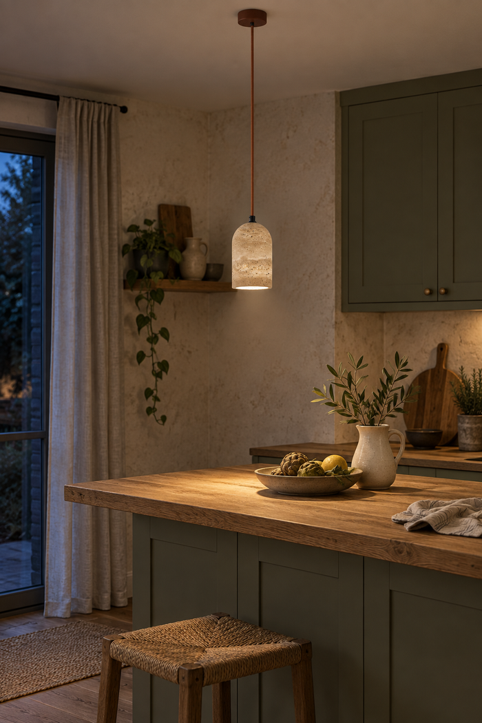 Kuppelförmige Travertin-Pendelleuchte im nordisch-minimalistischen Stil für Schlafzimmer und Gastronomie – Raumansicht