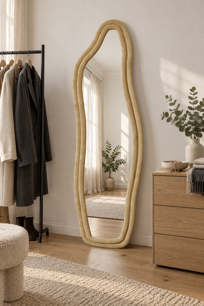 Stoffbezogener Ganzkörperspiegel in Wellenform für Schlafzimmer und Ankleidebereich – Raumansicht