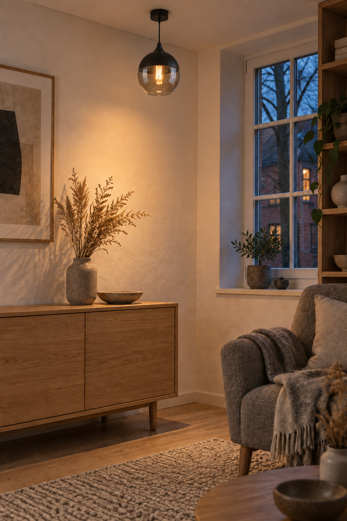 Pendelleuchte aus Glas und Holz im nordischen Stil für Esstisch und Wohnzimmer – Raumansicht