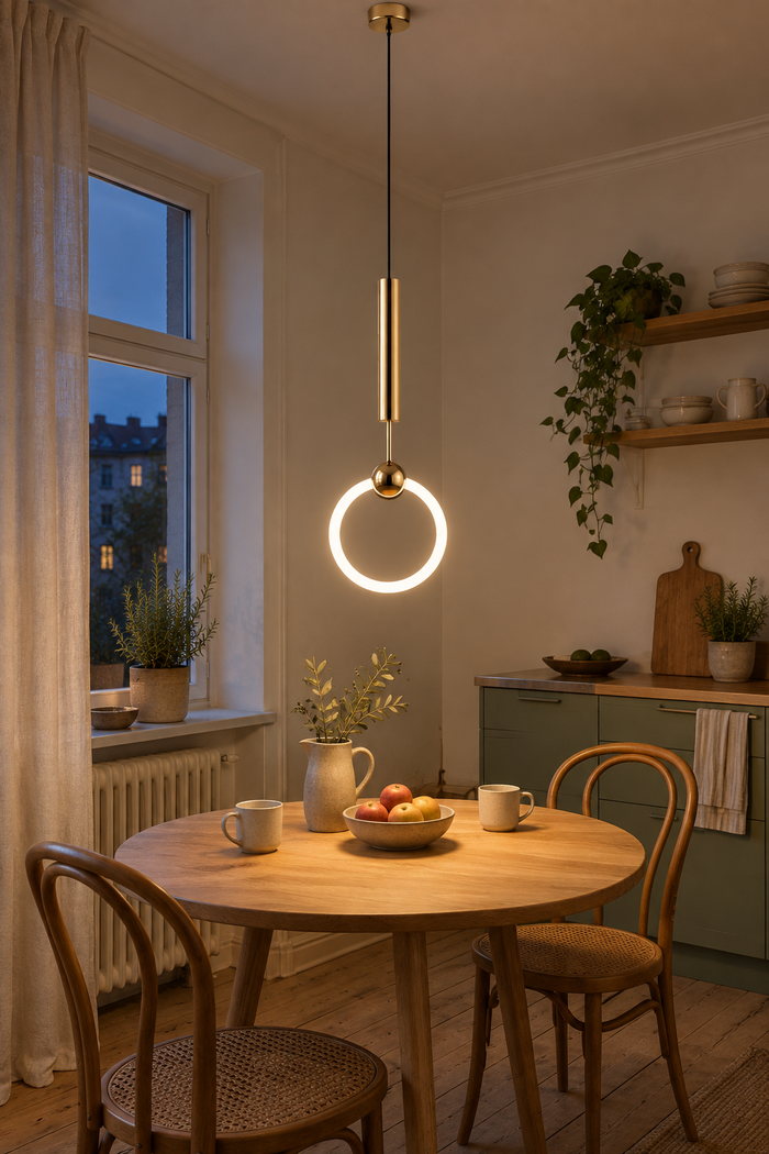 Minimalistische Ring-Pendelleuchte für Schlafzimmer und Küche – Raumansicht