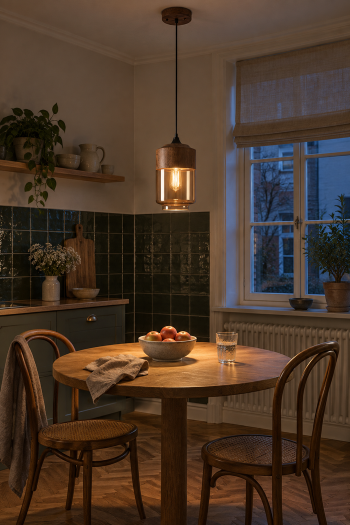 Glas-Pendelleuchte mit Holz in vier Größen von 12 bis 25 cm für Esstisch und Wohnzimmer – Raumansicht