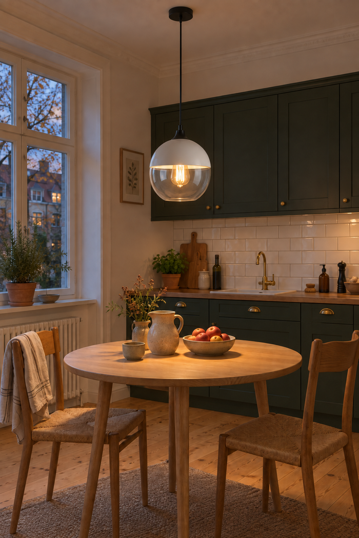 Glaspendelleuchte in Weiß, Bernstein oder Schwarz mit Holz für Wohnzimmer, Esstisch und Schlafzimmer – Raumansicht