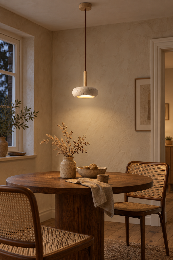 Pendelleuchte aus Travertin und Holz im Wabi-Sabi-Stil für Schlafzimmer und Restaurant – Raumansicht
