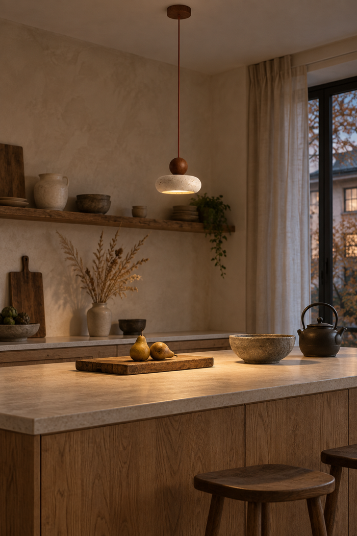 Naturstein-Pendelleuchte im japanischen Wabi-Sabi-Stil für Kücheninsel und Restaurant – Raumansicht