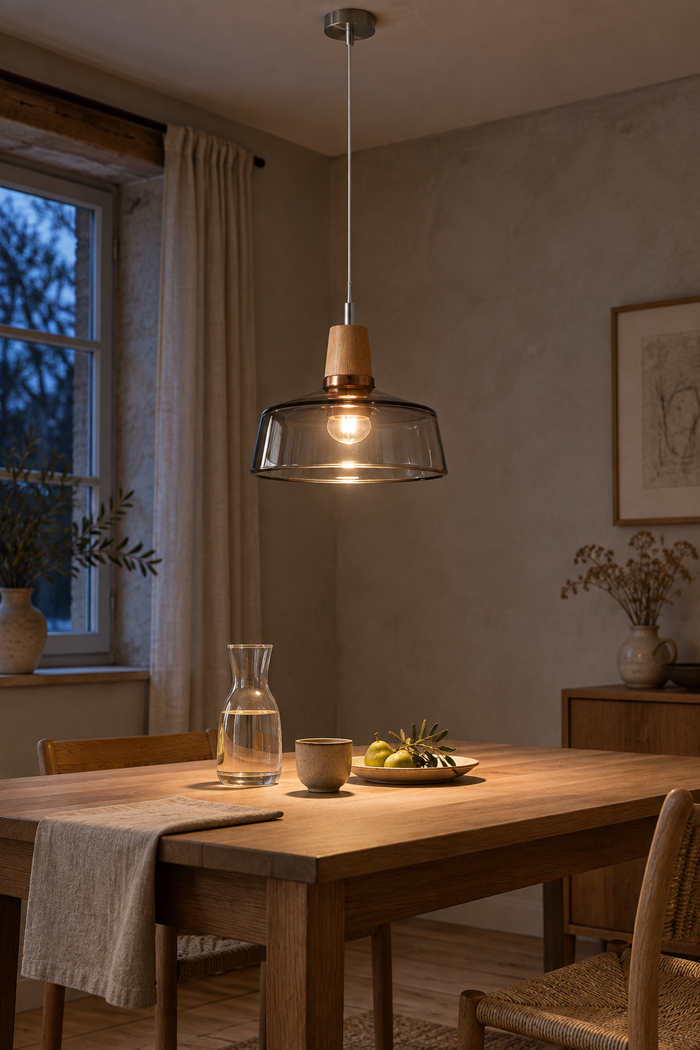 Pendelleuchte aus Massivholz mit Glasschirm im modernen Stil für Wohnzimmer und Schlafzimmer – Raumansicht