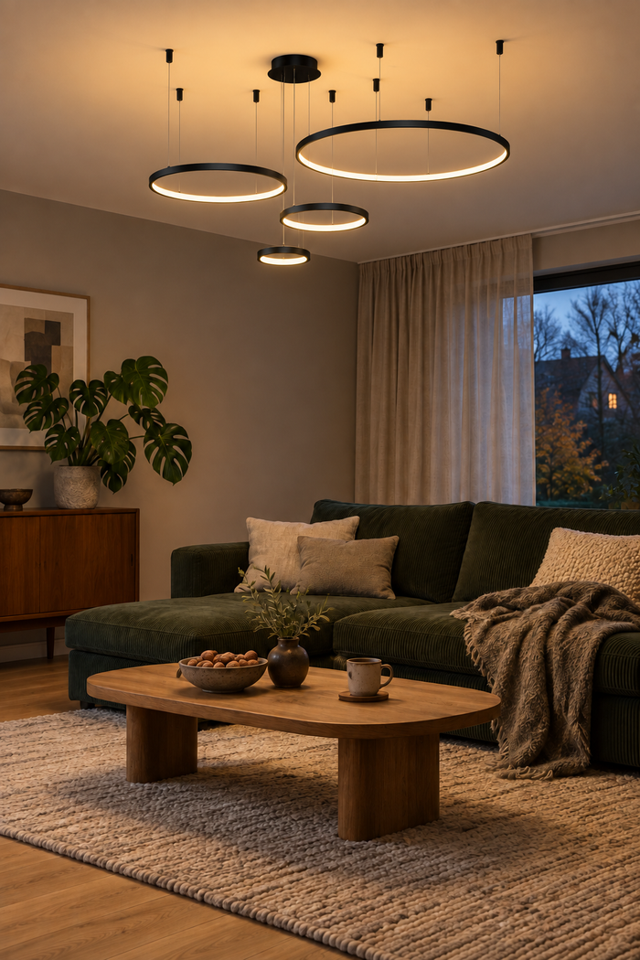Pendelleuchte für Esstisch, Wohnzimmer und Schlafzimmer mit LED-Ringen – Raumansicht