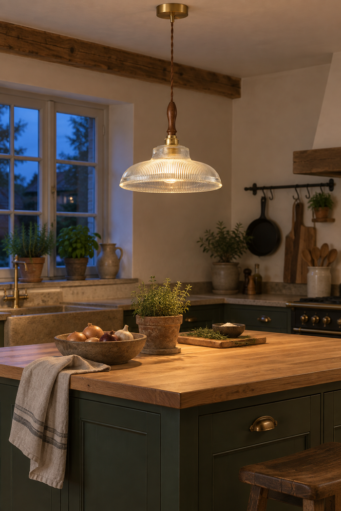 Glas-Pendelleuchte mit Holz und Kupfer im modernen Stil für Esstisch und Küche – Raumansicht