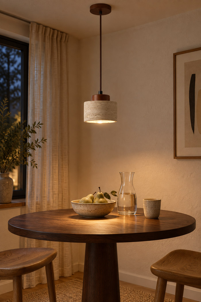 Stein-Pendelleuchte im japanischen Wabi-Sabi-Stil für Schlafzimmer und Gastronomie – Raumansicht