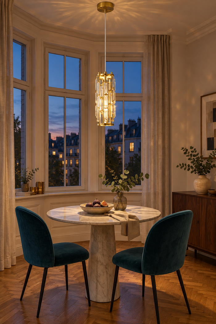 Runde Kristall-Pendelleuchte im modernen Stil für Esstisch und Wohnzimmer – Raumansicht