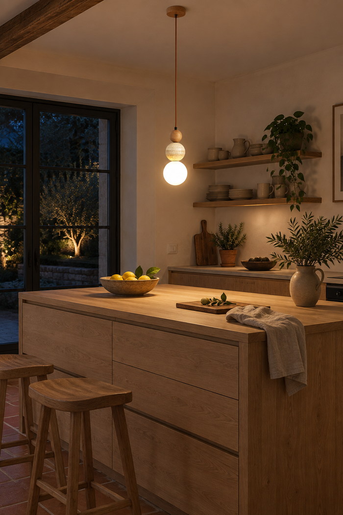 Travertin-Pendelleuchte aus Naturstein und Holz für Kücheninsel, Esstisch und Schlafzimmer – Raumansicht