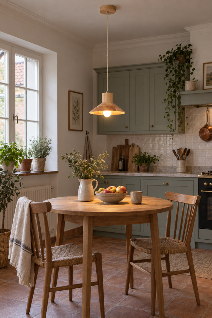 Pendelleuchte aus Holz im Vintage-Stil für Esstisch und Wohnzimmer – Raumansicht