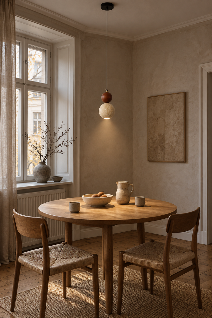 Kugelförmige Pendelleuchte aus Travertin und Holz im japanischen Wabi-Sabi-Stil für den Esstisch – Raumansicht