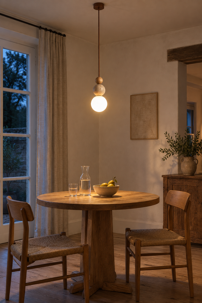 Moderne LED-Pendelleuchte aus Travertin und Holz für Nachttisch und Restaurant – Raumansicht