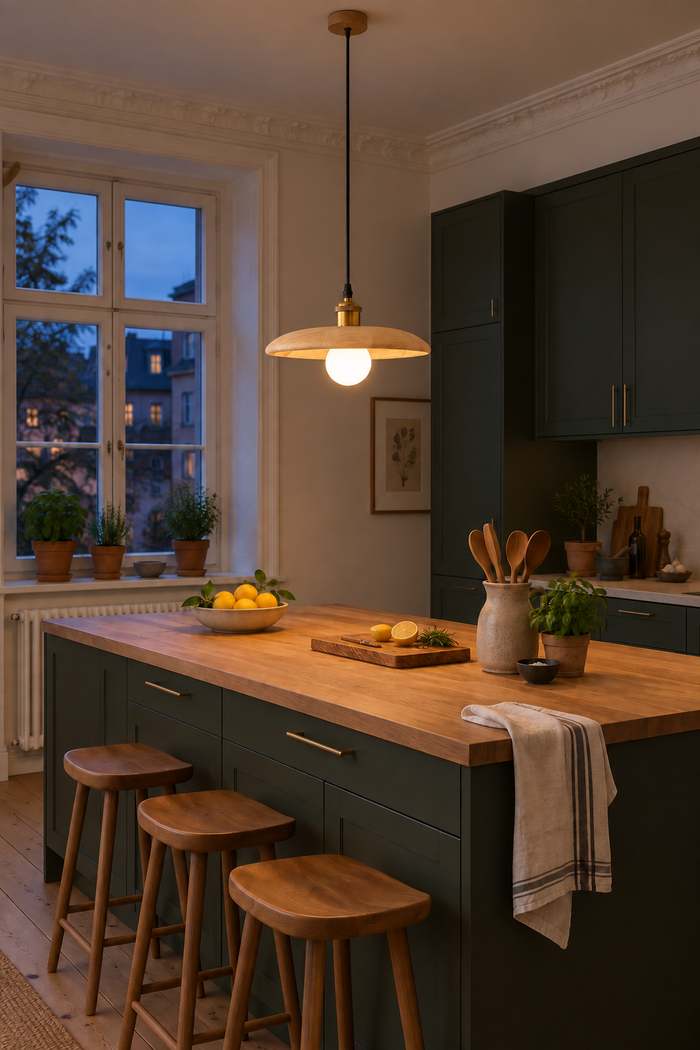 Holz-Pendelleuchte im nordischen Vintage-Stil für Esstisch und Küche – Raumansicht