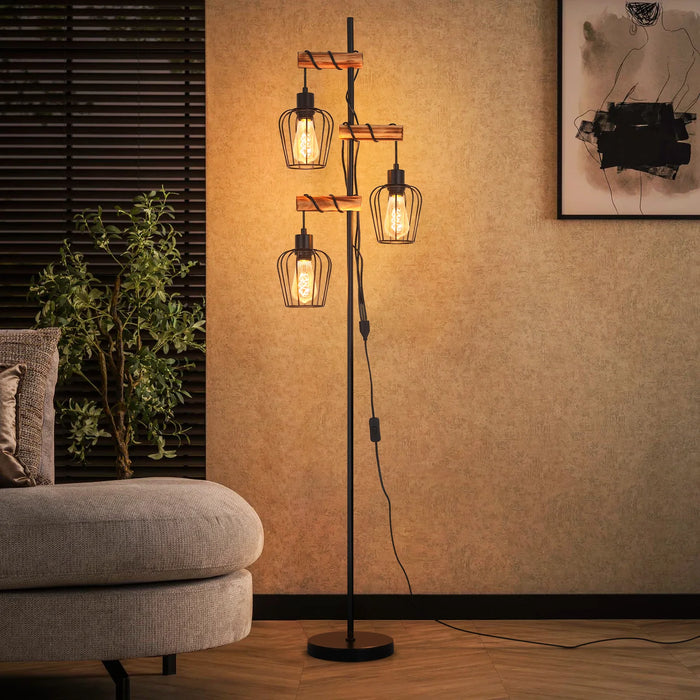 Rustikale Baum-Stehlampe mit drei Edison-Käfigen für Altbau-Wohnzimmer und Essecke – Massivholz-Akzente, 151 cm, E27