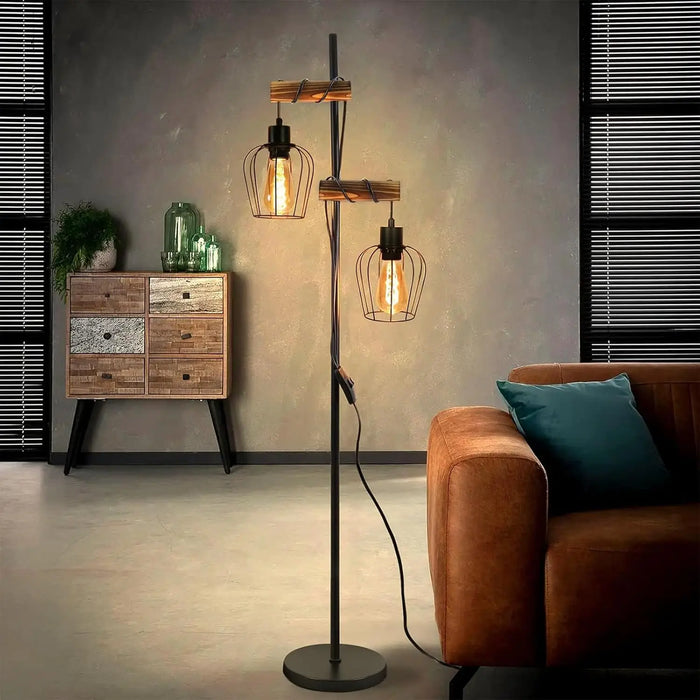 Schwarze Retro-Stehleuchte im Loft-Stil aus Metall und Holz für Wohnzimmer und Büro – 151 cm, 1 bis 3 Spots, E27-Fassung