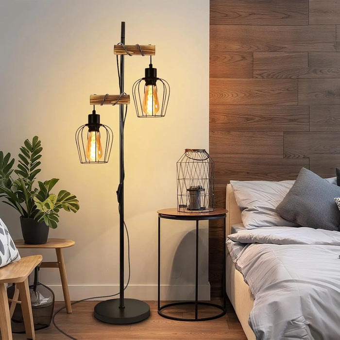 Industrie-Stehlampe mit Edison-Käfigschirmen als Leselampe für Schlafzimmer und Bettseite – Holz und Metall, 151 cm, E27