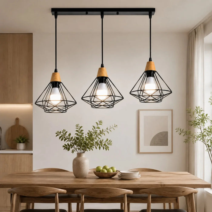 Käfig-Pendelleuchte aus Holz und Eisen im Industrial-Stil für Esstisch und Gastronomie – Produktansicht 1