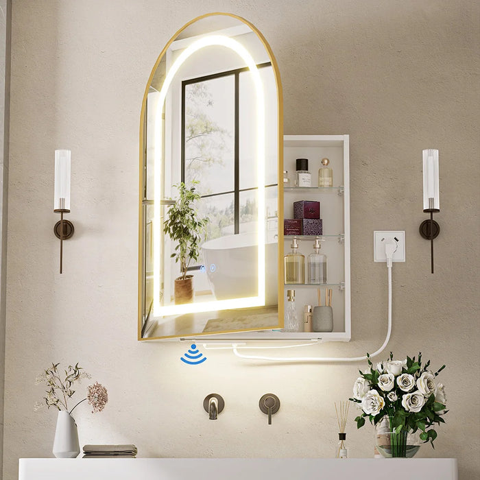 LED-Spiegelschrank fürs Badezimmer – 3 Lichtfarben und 4 Ablageebenen – Holz in Weiß mit EU-Stecker