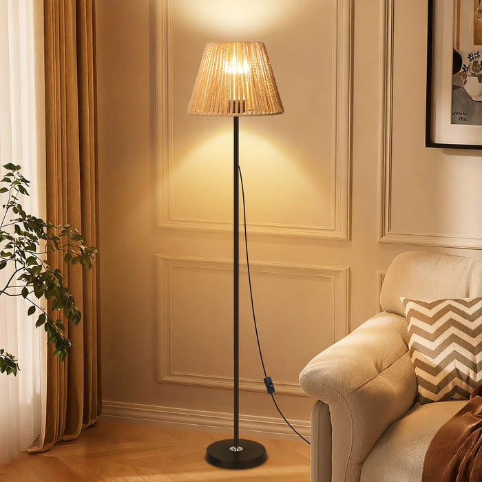 Boho-Stehleuchte aus Rattan – 140 cm – handgeflochtener Schirm – E27-Fassung – Schwarz