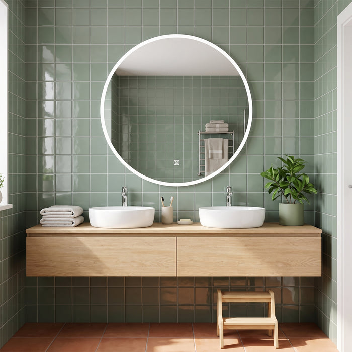 Round LED Bathroom Mirror Electric Vanity Mirror Backlit in einem hellen Wohnraum