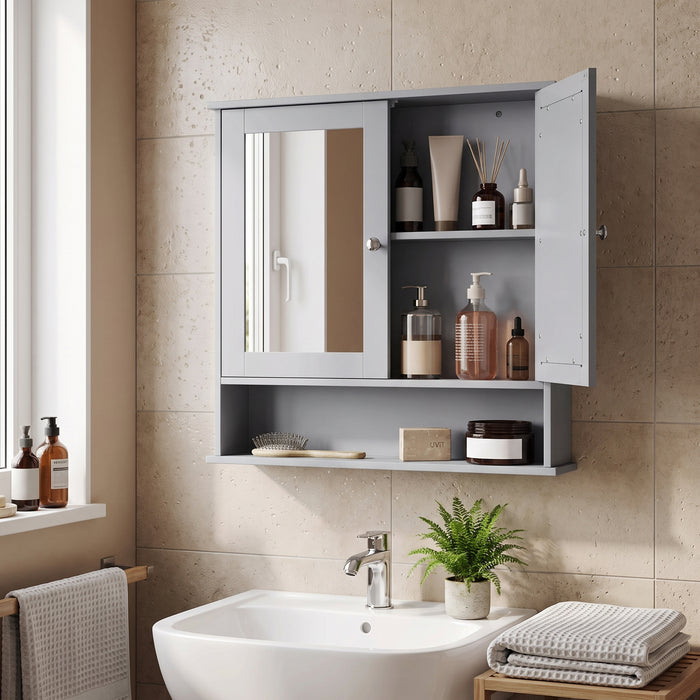 Spiegelschrank fürs Bad mit 2 Spiegeltüren über dem Waschbecken im Badezimmer