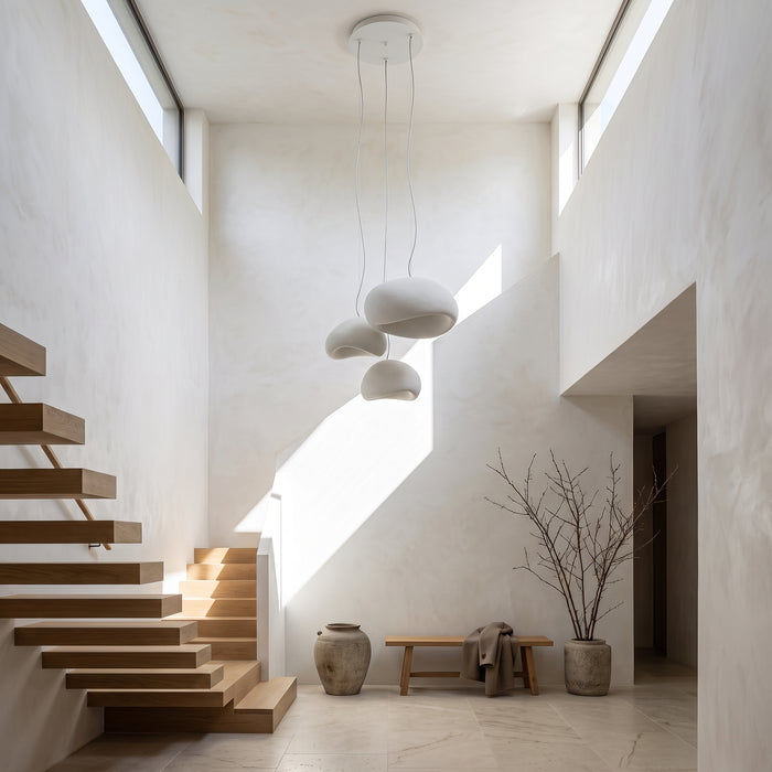 Nordic Wabi Sabi Pendant Lights Modern LED Ceiling in einem hellen Wohnraum