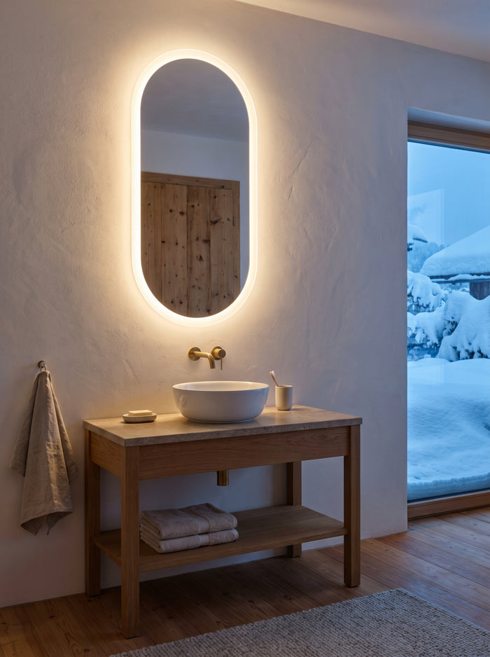 Ovaler LED-Badspiegel hochkant, warm hinterleuchtet, über einem Eichen-Waschtisch, draußen Schnee