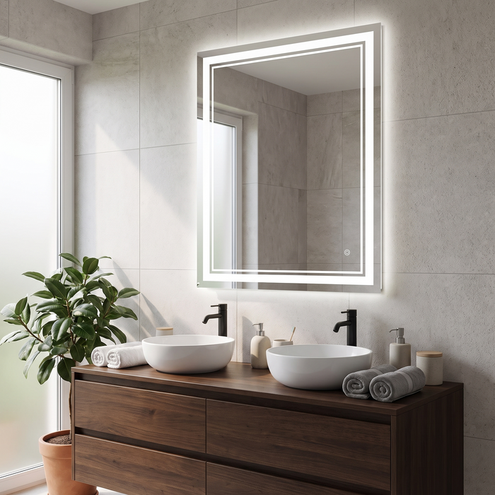 Rechteckiger LED-Badspiegel 60 x 80 cm über Doppelwaschtisch im Badezimmer