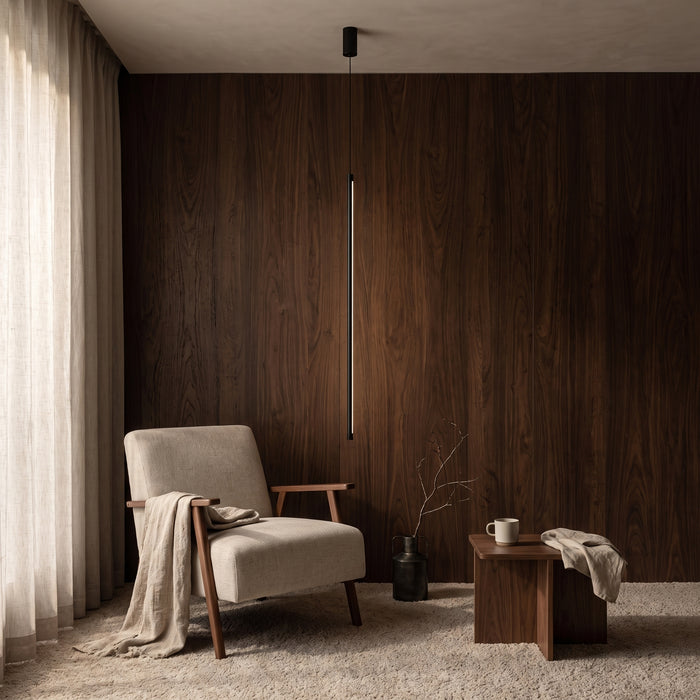 Slim Line Floor Light Led Pendant Lamp Suspension Hanging in einem hellen Wohnraum