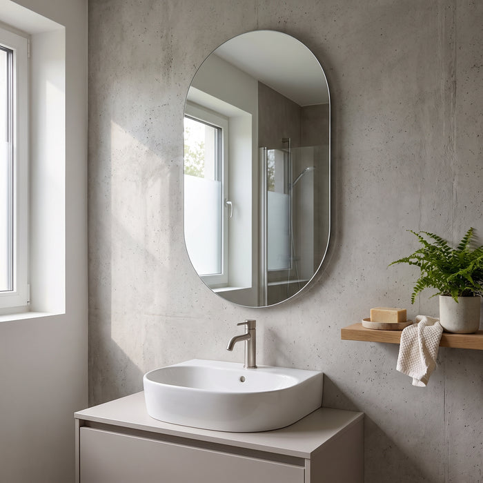 Ovaler Badspiegel an der Wand über dem Waschtisch im modernen Badezimmer