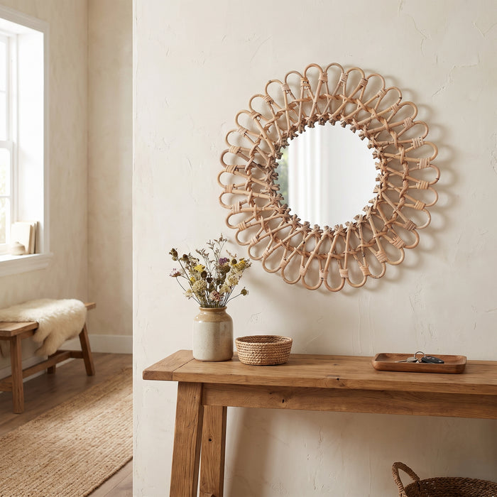 Runder Rattan-Wandspiegel im Landhausstil über der Konsole im Flur
