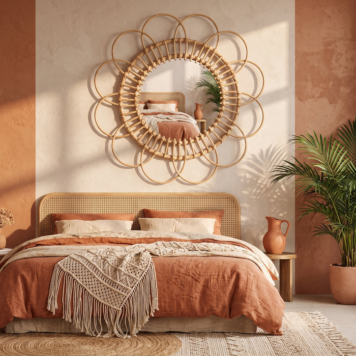 Hanging Mirror Rattan Sunflower Circular Wall Decorative in einem hellen Wohnraum