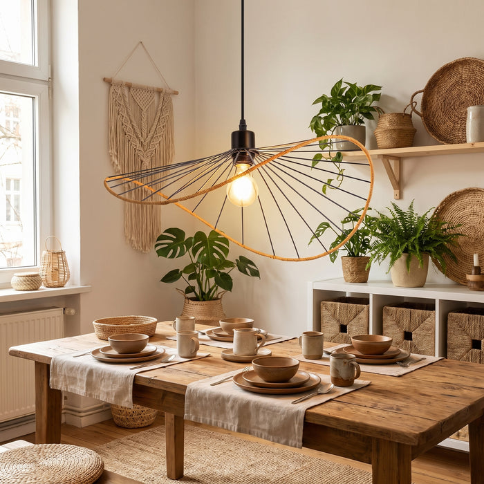 Rattan-Pendelleuchte im Boho-Stil über dem Esstisch