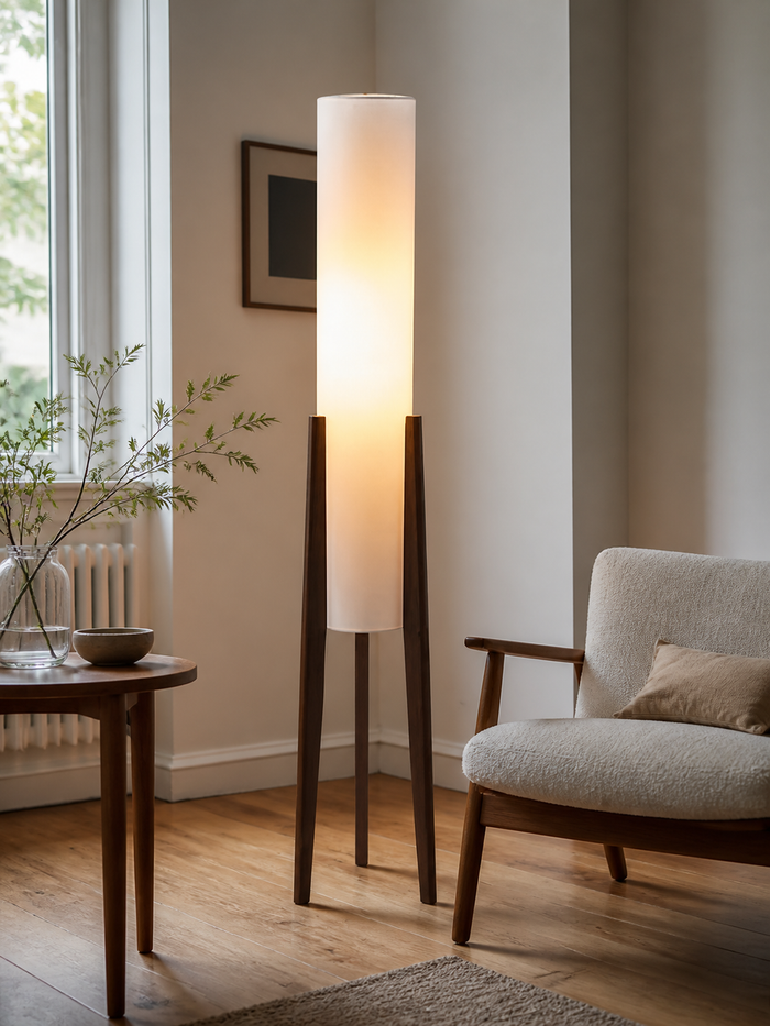 Stehlampe aus dunklem Nussbaum mit hohem Stoffschirm im hellen Wohnzimmer