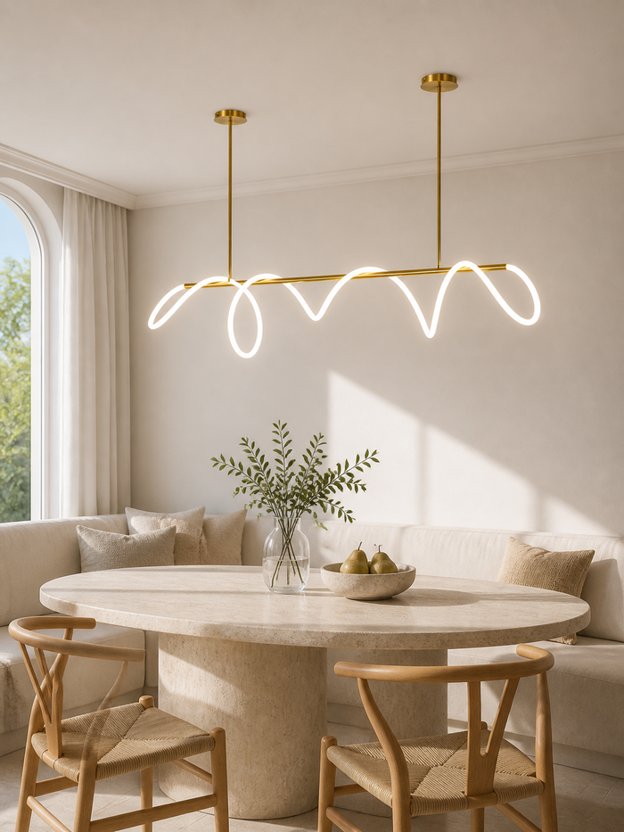 Goldene LED-Pendelleuchte mit geschwungenem Leuchtschlauch über einem hellen Esstisch