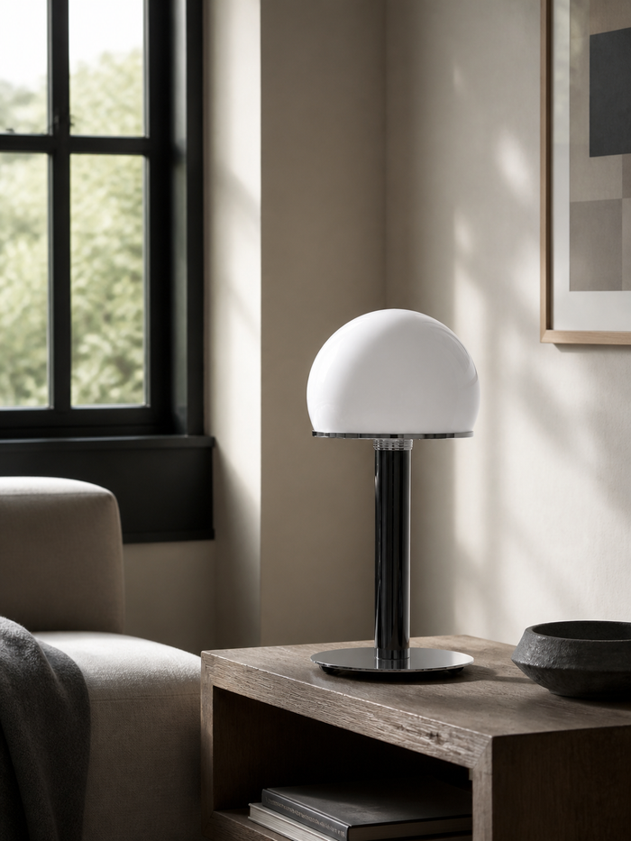 Stehlampe Ausführung A mit weißer Glaskuppel und Chromfuß in einer hellen Leseecke