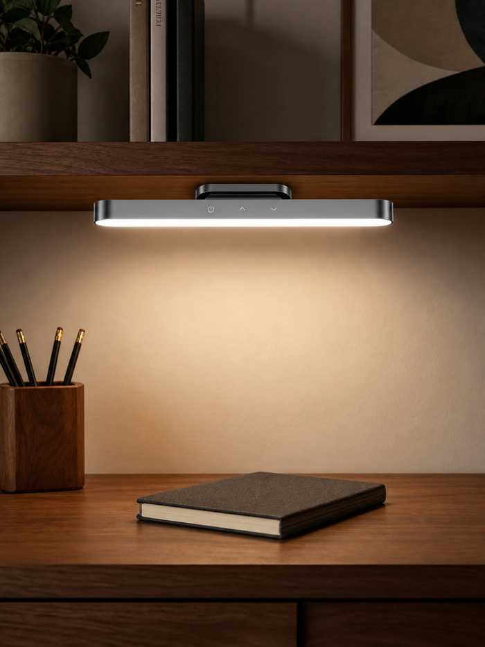 Magnetische LED-Lichtleiste unter einem Regal am Schreibtisch