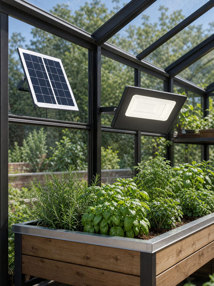 Solar-Pflanzenlicht mit Solarpanel über Kräutern im Gewächshaus