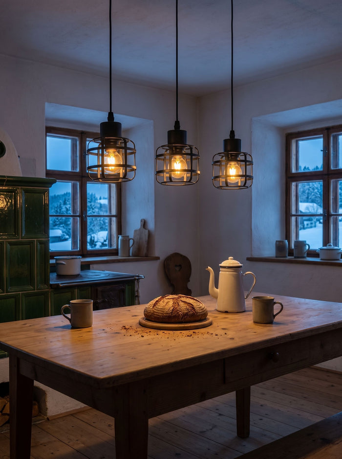 Drei schwarze Käfig-Pendelleuchten in Reihe über einem Holztisch in einer Bauernstube mit Kachelofen am Winterabend