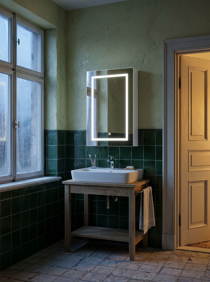 Weißer LED-Spiegelschrank 50 × 70 cm eingeschaltet über einem Waschbecken im Altbau-Bad mit grünen Fliesen