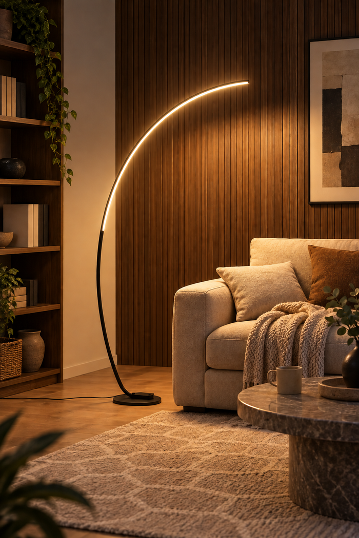 LED-Bogen-Stehleuchte aus Aluminium – Schwarz. KI-Raumvisualisierung nach Produktreferenz.