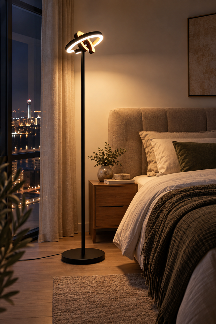 LED-Stehleuchte mit zwei Lichtringen – Schwarz, zwei Lichtringe. KI-Raumvisualisierung nach Produktreferenz.