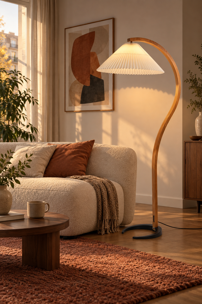 Holz-Stehleuchte mit Plisseeschirm – Weißer Plisseeschirm und Buchenholz. KI-Raumvisualisierung nach Produktreferenz.
