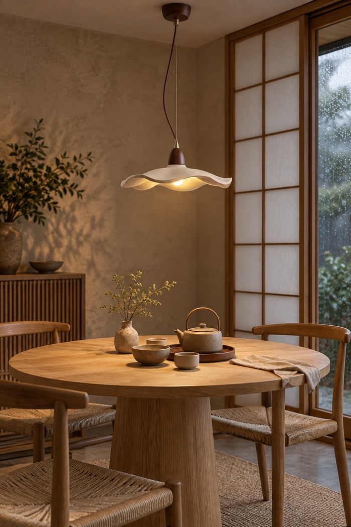 Wabi-Sabi-Pendelleuchte mit gewelltem Schirm – Beige mit Holzkappe. KI-Raumvisualisierung nach Produktreferenz.